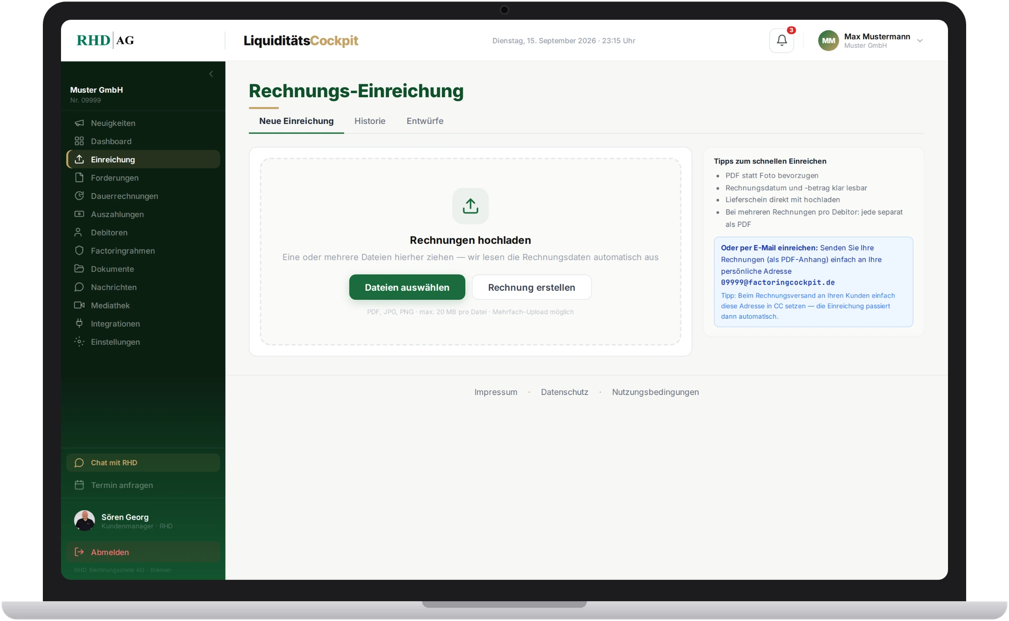 Rechnung einreichen im LiquiditätsCockpit